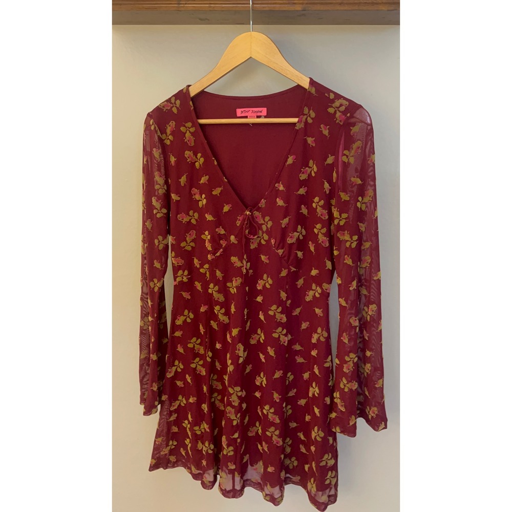 Betsey Johnson Burgundy Floral Burnout Mesh Mini Dress V-Neck Baby Doll Medium